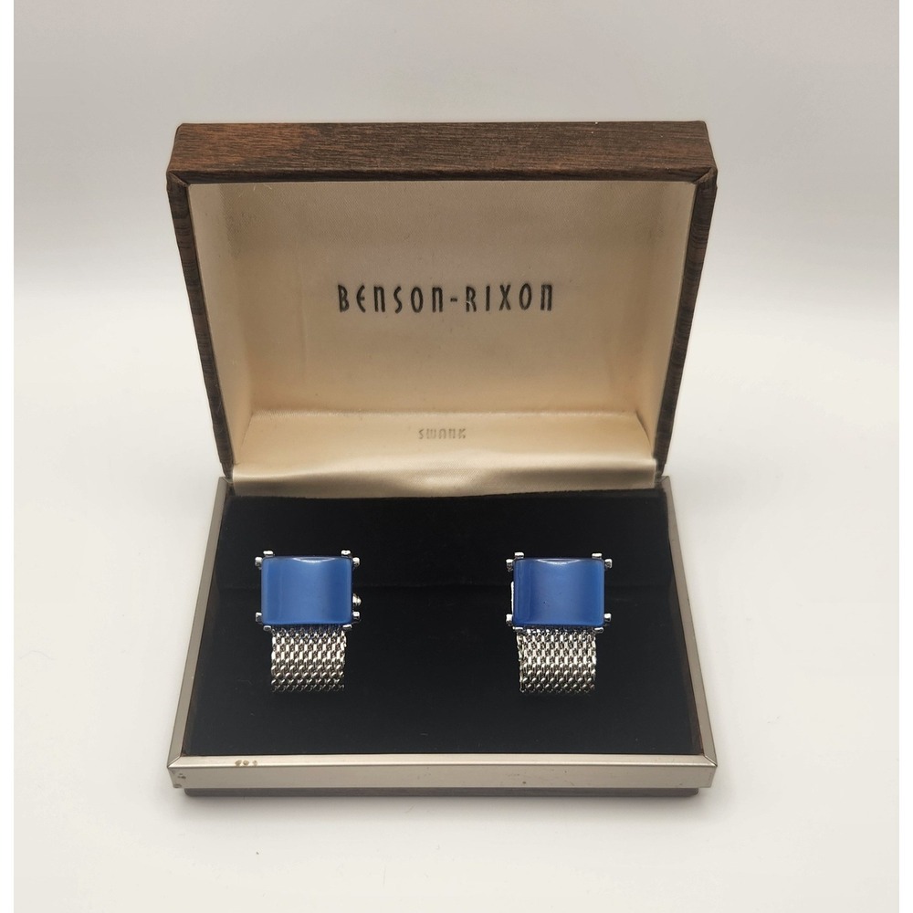 Vintage Swank Wrap Mesh Cufflinks Blue Cabochon Silver Tone Benson-Rixon Box